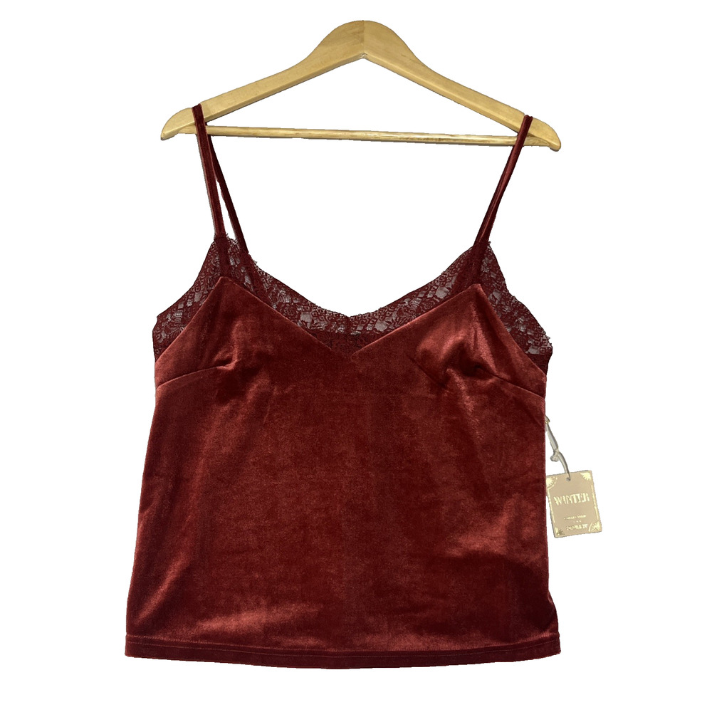 Velvet Camisole Womens Medium Red Lace Trim Babydoll V Neck Cropped Holiday